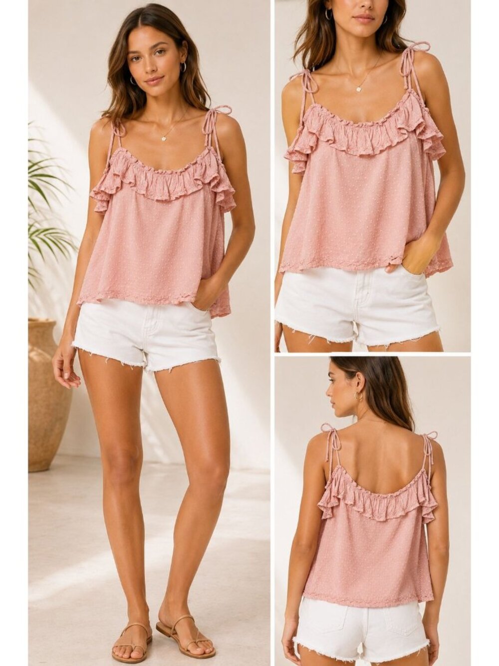 Tularosa Ruffled Cami Top W/Tie Straps & Swiss Dot Design Pink Medium